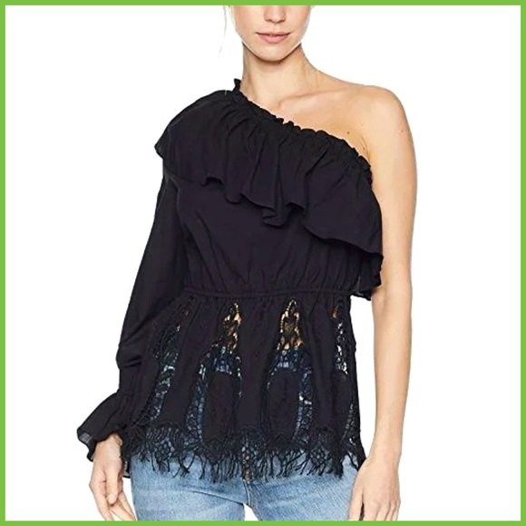 BCBGMaxAzria Ruffled One Shoulder Floral Black Top - Picture 1 of 15
